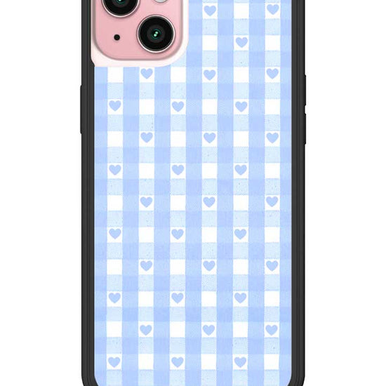 Wildflower iPhone case 15 Plus Blue Gingham Hearts Vintage Cute Classic