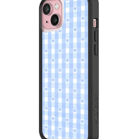 Wildflower iPhone case 16 Plus Blue Gingham Hearts Vintage Cute Classic