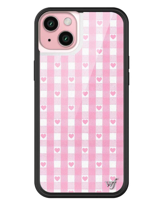 Wildflower iPhone case 15 Plus Pink Gingham Hearts Vintage Cute Classic